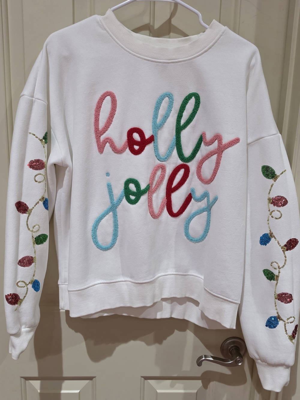 Holly Jolly White Holiday Sweatshirt - Multi-Color Embroidery Women Size Large